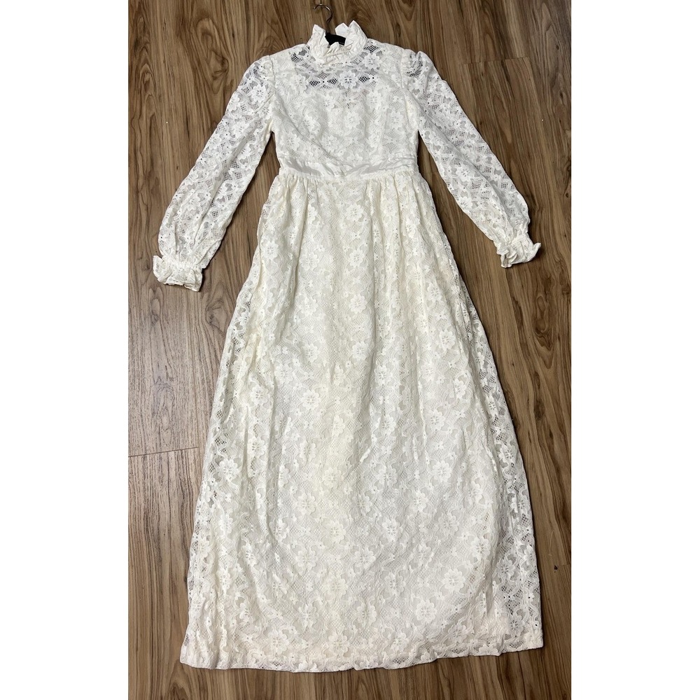VTG Handmade White Floral Lace Maxi Bridal Dress High Neck Long Sleeve Victorian